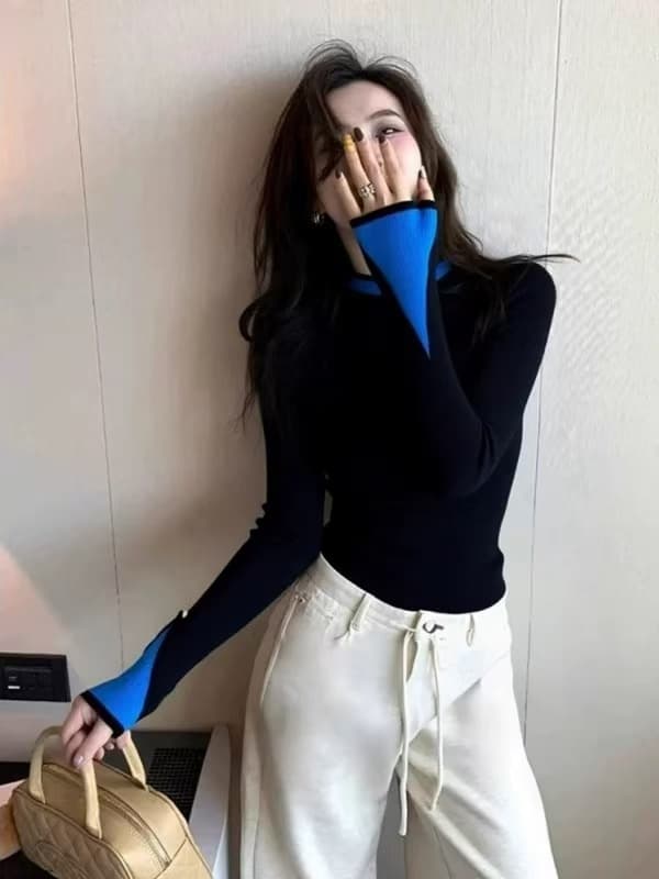 2025 겨울 고급 센스 슈퍼 잘 생긴 부드러운 찹쌀 느긋한 바람 연령 감소 고유 한 Chic 느슨함 센스 배색 니트 스웨터 여성