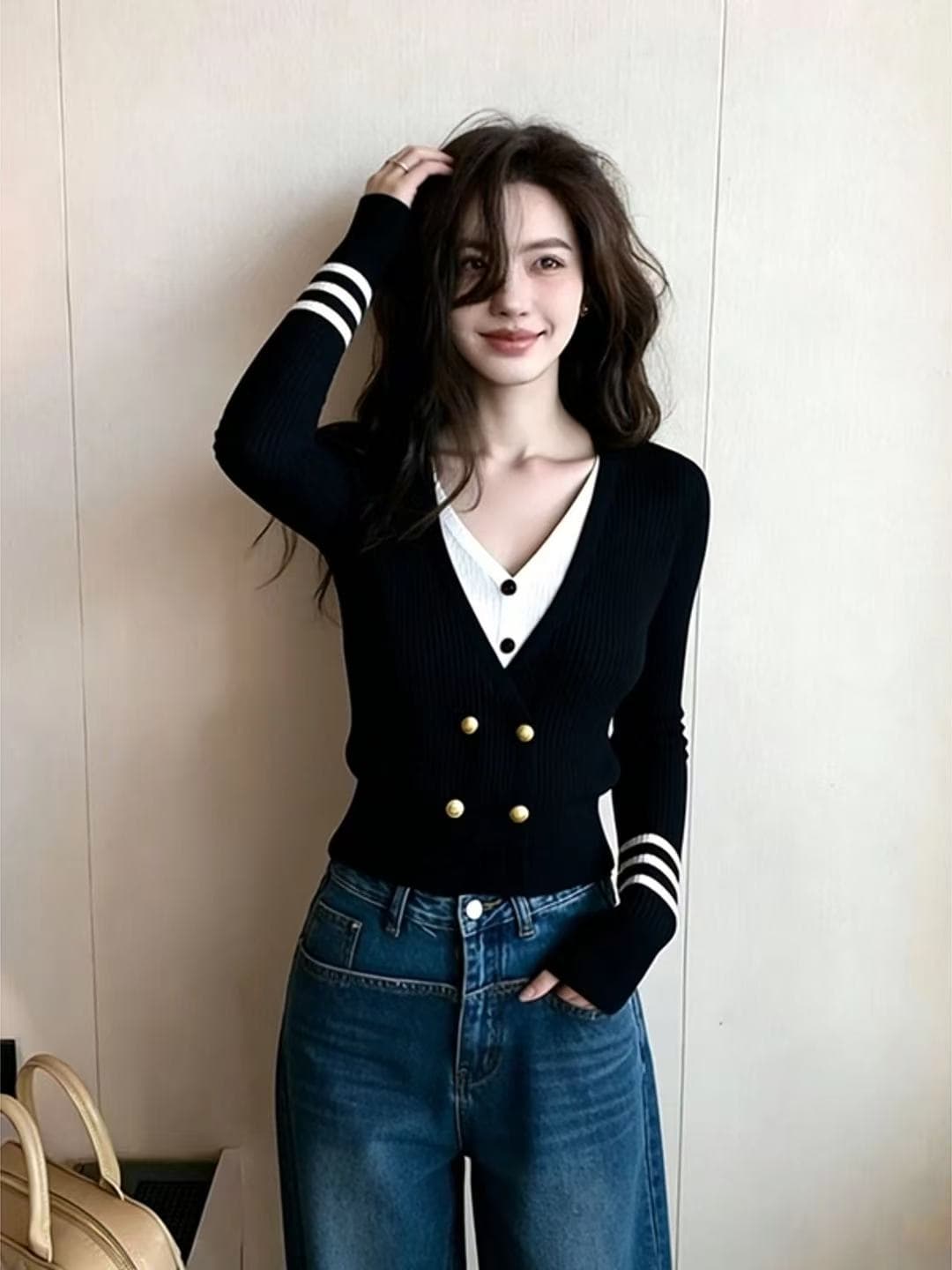 겨울 한 부서 분위기 센스 착용 잡아라. 의류 고유 한 슈퍼 잘 생긴 몸매 가꾸기 슬림해 보이는 검정색 페이크 레이어드 니트 오픈 가디건 여성 상세 이미지 1