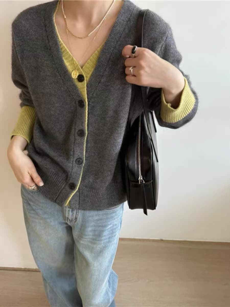 페이크 레이어드 패치워크 색상 느긋한 바람 니트 오픈 가디건 여성 유럽 역 2025 가을 겨울 새로운 유럽 상품 여성 의류 기본 셔츠 트렌디 상세 이미지 3