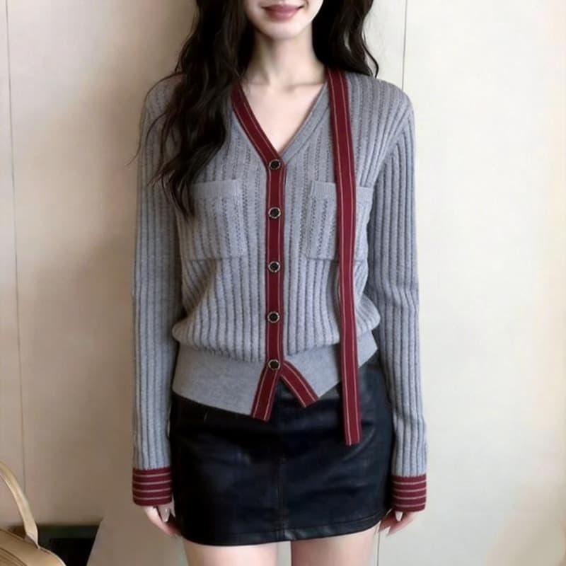 한 부서 회색 쇼트 스타일 홀로우 아웃 V넥 니트 오픈 가디건 스웨터 여자 2026 봄 새로운 몸매 가꾸기 슬림해 보이는 맨위 트렌디 상세 이미지 3
