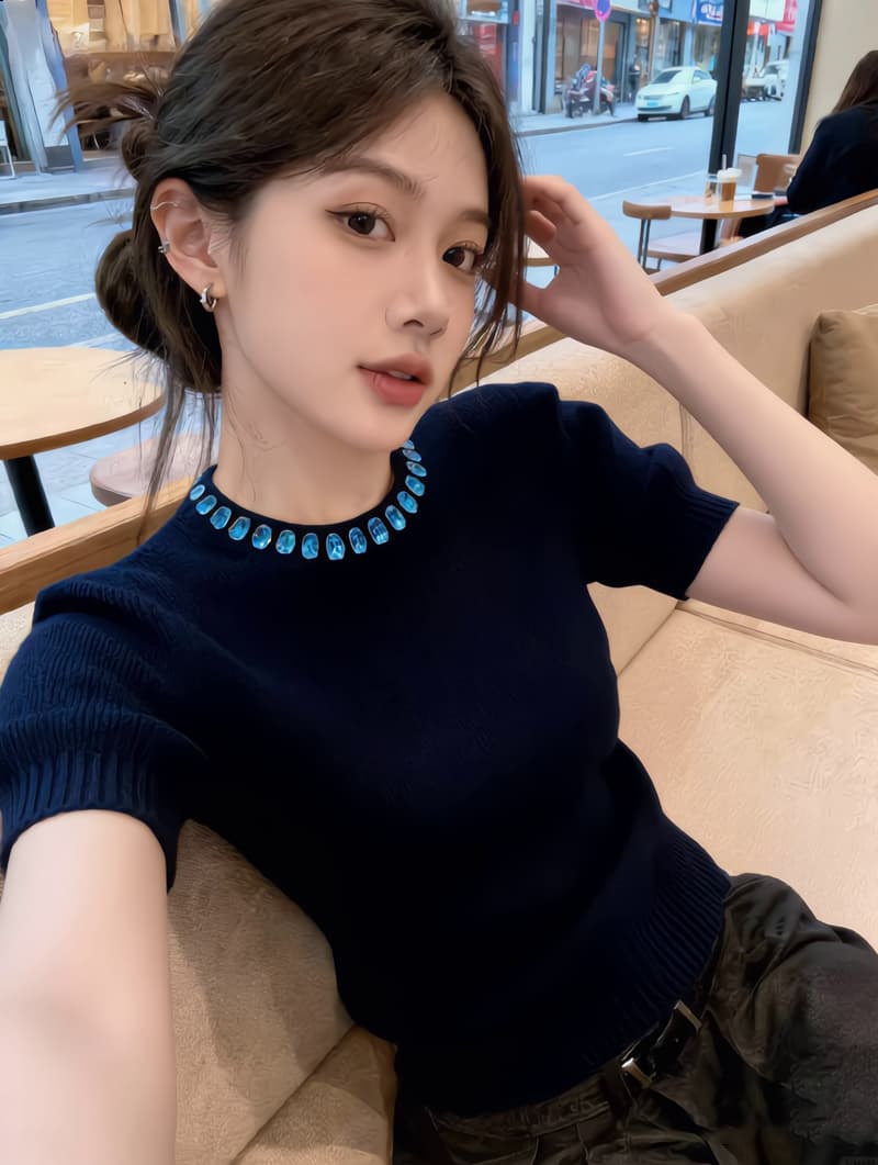 2026 봄 새로운 블루 색상 보석 품격 라운드 넥 반팔 니트 스웨터 여성 몸매 가꾸기 맨위 슬림해 보이는 품격 상세 이미지 5