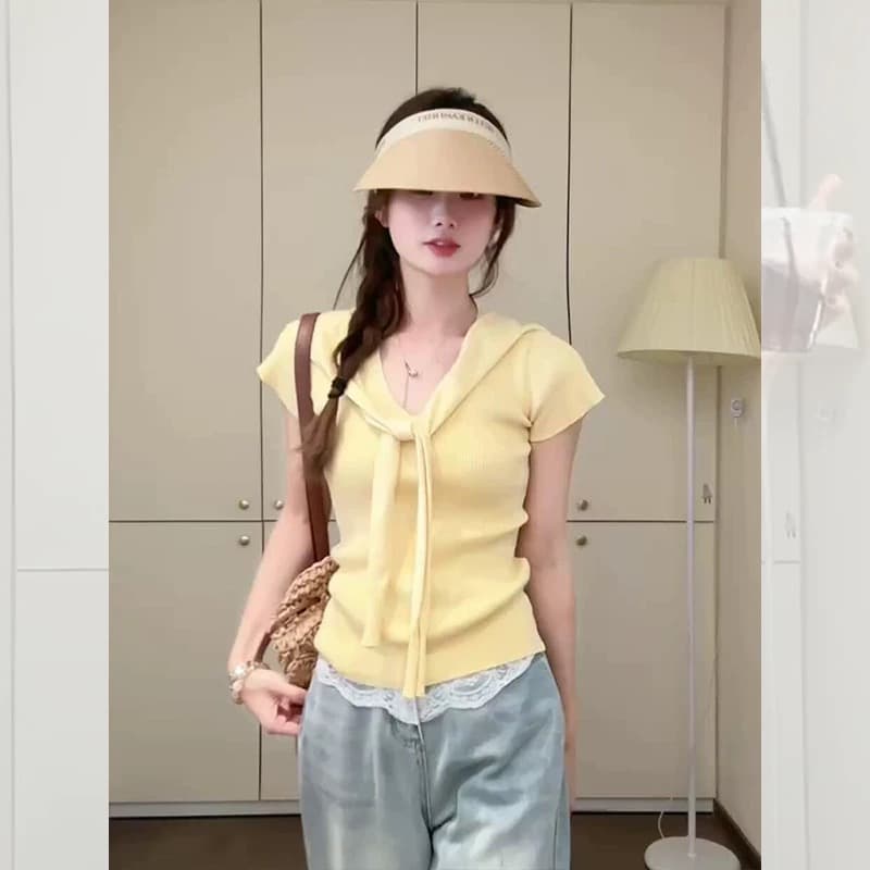 작은 샤넬 스타일 핑크색 숄 V넥 니트 얼음 실크 반팔 티셔츠 여성 여름 슈퍼 잘 생긴 부드러운 고유 한 쇼트 스타일 맨위 이미지 4