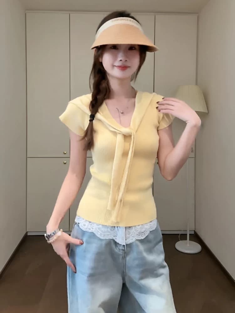작은 샤넬 스타일 핑크색 숄 V넥 니트 얼음 실크 반팔 티셔츠 여성 여름 슈퍼 잘 생긴 부드러운 고유 한 쇼트 스타일 맨위 이미지 2
