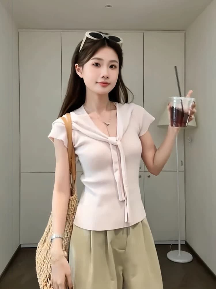 작은 샤넬 스타일 핑크색 숄 V넥 니트 얼음 실크 반팔 티셔츠 여성 여름 슈퍼 잘 생긴 부드러운 고유 한 쇼트 스타일 맨위 상세 이미지 2