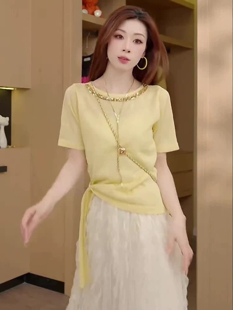 달콤함 밝은 노란색 무거운 작업 비즈 박기 레이스업 반팔 티셔츠 여성 여름 새로운 디자인 센스 작은 대중 아니요 명중 섹션 맨위 이미지 4