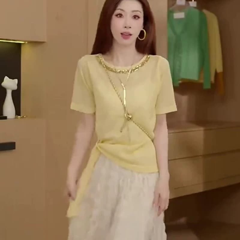 달콤함 밝은 노란색 무거운 작업 비즈 박기 레이스업 반팔 티셔츠 여성 여름 새로운 디자인 센스 작은 대중 아니요 명중 섹션 맨위 이미지 5