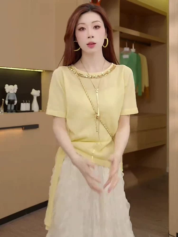 달콤함 밝은 노란색 무거운 작업 비즈 박기 레이스업 반팔 티셔츠 여성 여름 새로운 디자인 센스 작은 대중 아니요 명중 섹션 맨위 상세 이미지 1