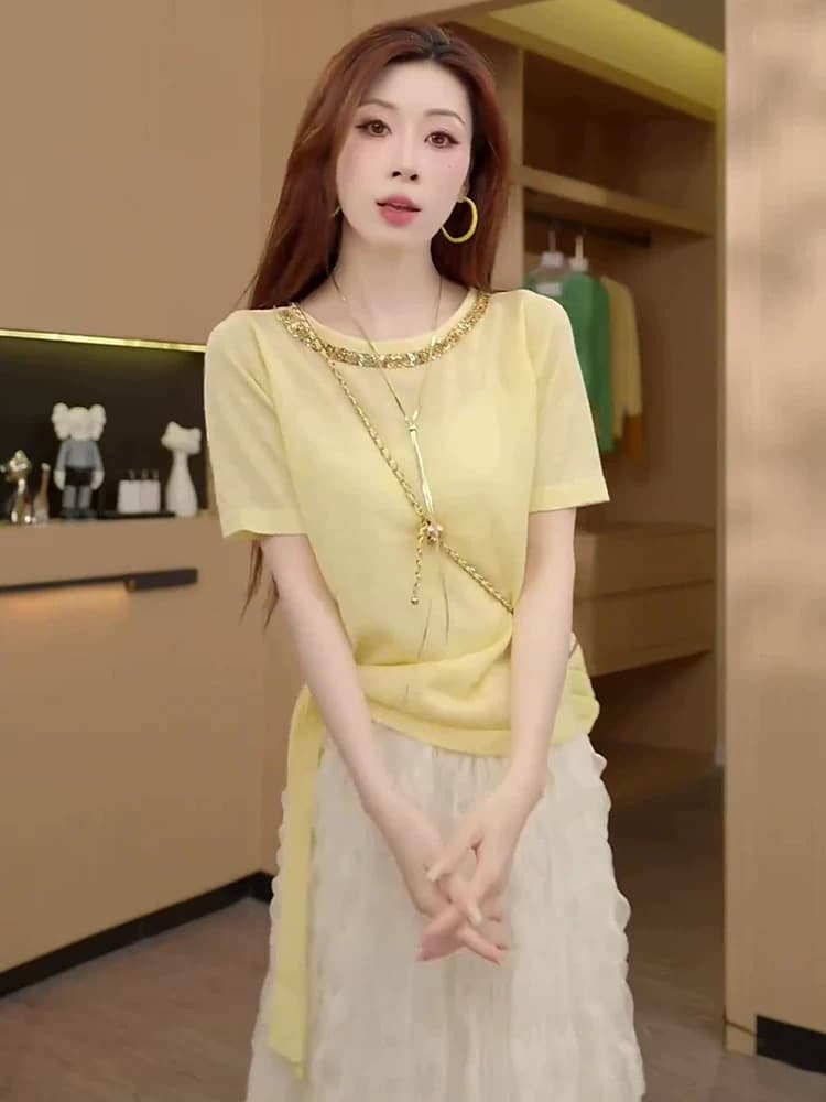 달콤함 밝은 노란색 무거운 작업 비즈 박기 레이스업 반팔 티셔츠 여성 여름 새로운 디자인 센스 작은 대중 아니요 명중 섹션 맨위 상세 이미지 4