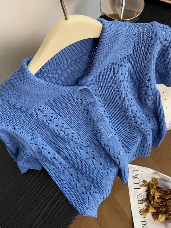 프랑스식 홀로우 아웃 작은 셔츠 톰 글 래 원인 블루 POLO 칼라 니트 얼음 실크 반팔 티셔츠 여성 여름 쇼트 스타일 긍정적 인 어깨 의류 상세 이미지 2