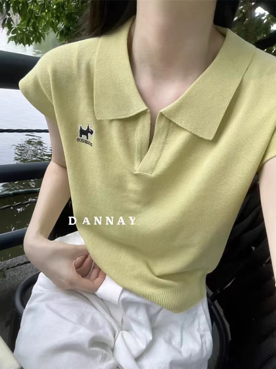 POLO 칼라 얼음 실크 자수 강아지 반팔 티셔츠 여성 2026 여름 얇은 스타일 V넥 쇼트 스타일 니트 작은 날다 소매 맨위 상세 이미지 5