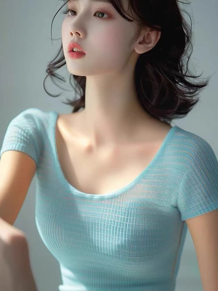 파란색 얼음 실크 니트 스웨터 반팔 맨위 여성 의류 세련된 패션 외국 가스 여름 도파민 착용 가져 가라. 품격 티셔츠 상세 이미지 4