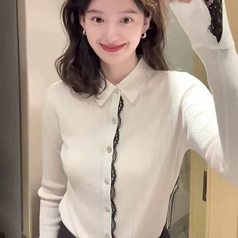 프랑스식 사소한 화이트 레이스 조각 폴로 칼라 니트 오픈 가디건 여성 봄 몸매 가꾸기 다용도 캐주얼 기본 셔츠 맨위 이미지 5