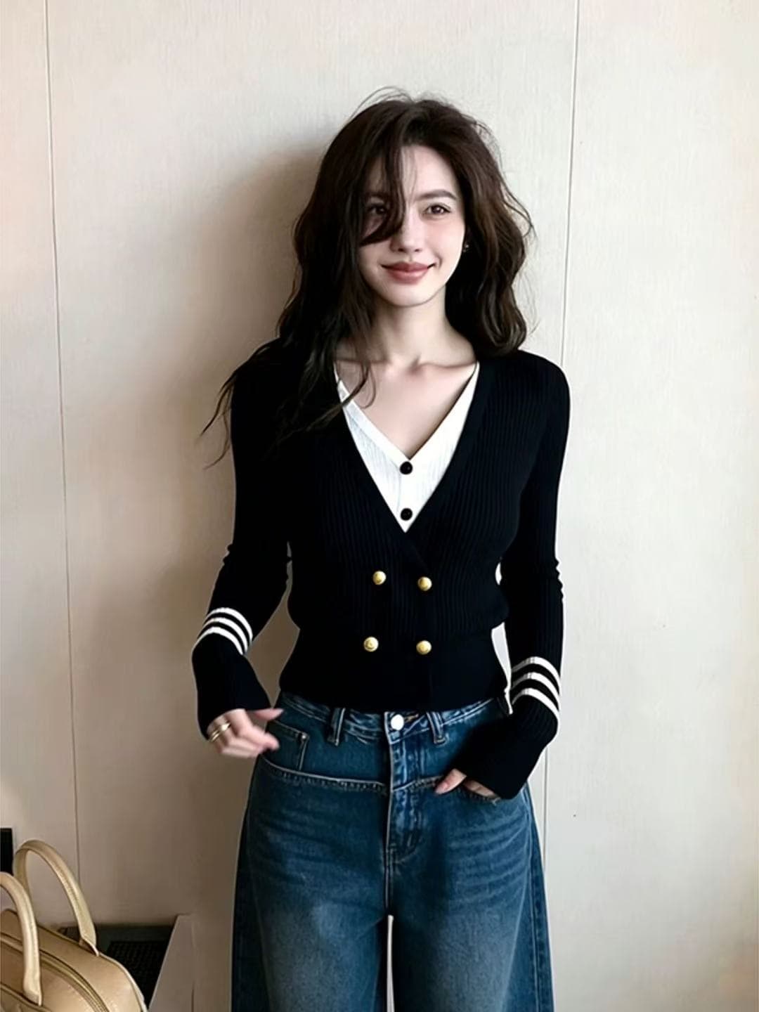 봄 한 부서 분위기 센스 착용 잡아라. 의류 고유 한 슈퍼 잘 생긴 몸매 가꾸기 슬림해 보이는 검정색 페이크 레이어드 니트 오픈 가디건 여성 상세 이미지 5