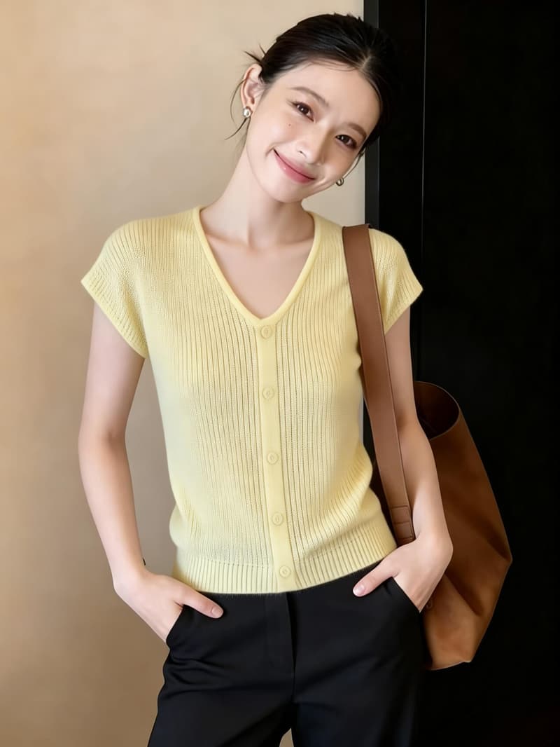 고급 센스 슈퍼 잘 생긴 우유 황색 반팔 티셔츠 여성 여름 새로운 외국 가스 디스플레이 화이트 질감 센스 라운드 넥 니트 스웨터 상세 이미지 4