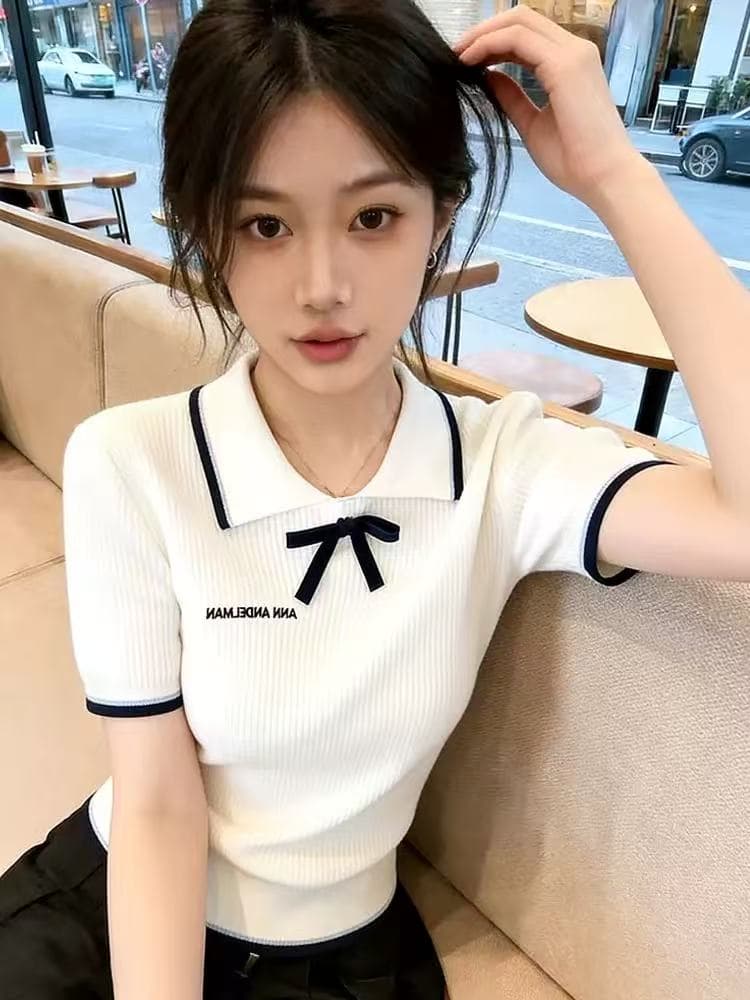 학원 스타일 화이트 3 차원 나비 매듭 반팔 니트 스웨터 여성 2026 여름 새로운 인사이드 가져 가라. 슬림해 보이는 만나는 맨위 이미지 4