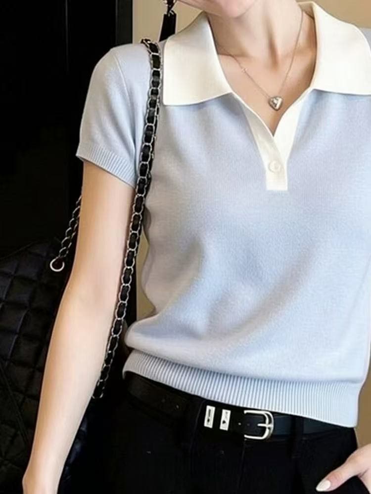 하늘색 폴로 칼라 반팔 polo 니트 스웨터 여성 배색 네클라인 반 개방 버클 클래식 일상 캐주얼 품격 맨위 여름 상세 이미지 2