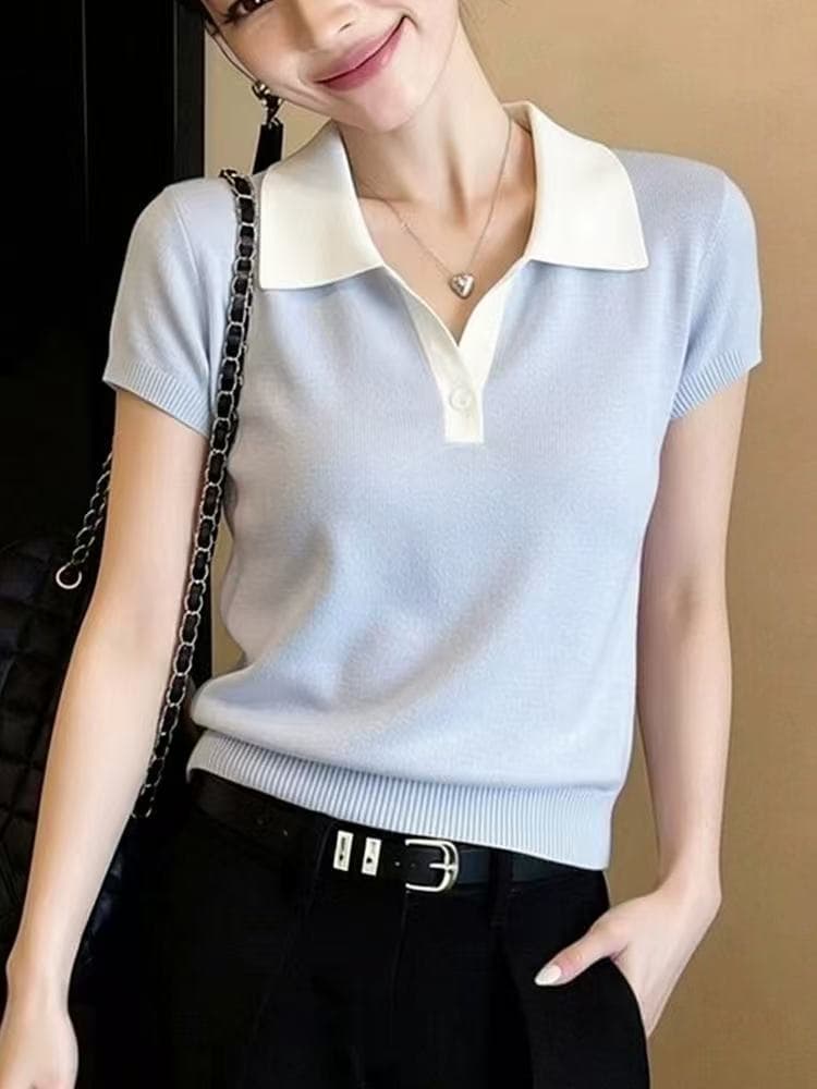 하늘색 폴로 칼라 반팔 polo 니트 스웨터 여성 배색 네클라인 반 개방 버클 클래식 일상 캐주얼 품격 맨위 여름 상세 이미지 4