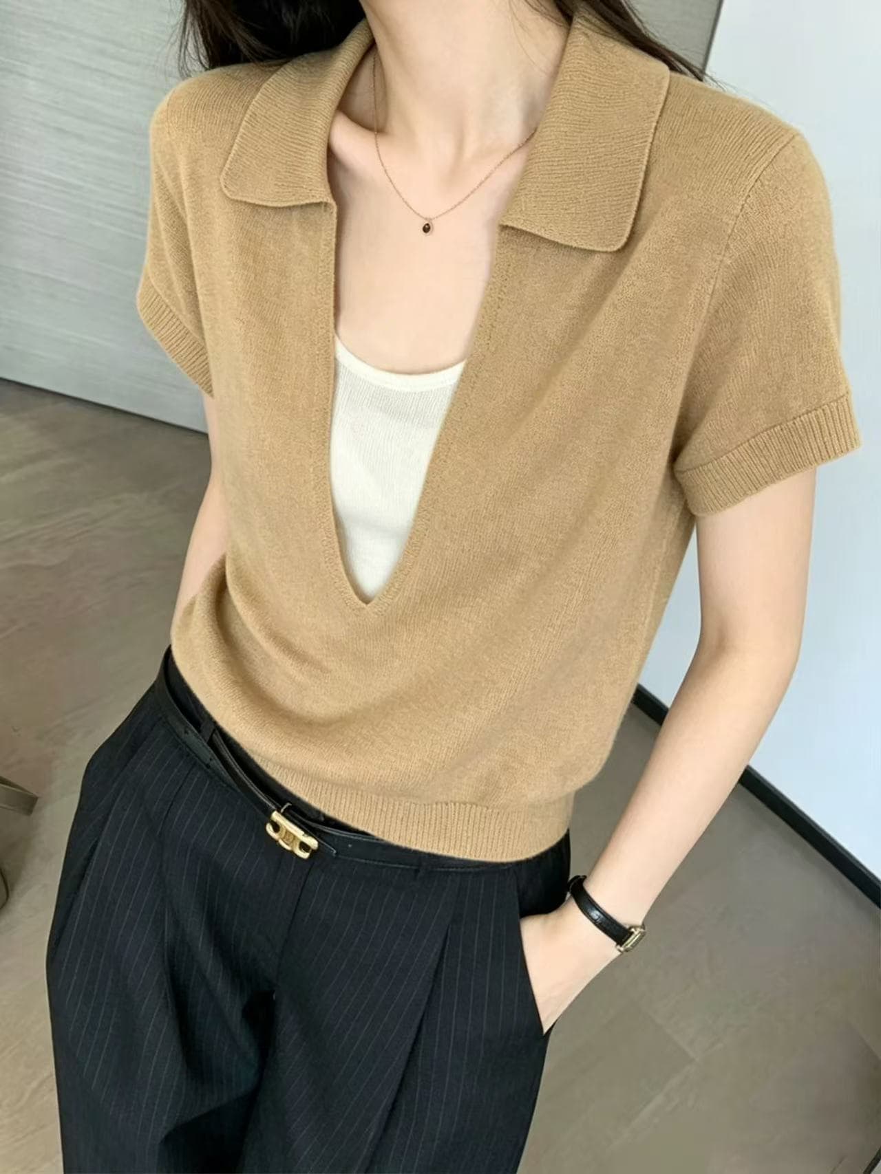 오래된 돈 바람 페이크 레이어드 POLO 칼라 니트 반팔 티셔츠 여성 여름 슬림해 보이는 루즈핏 고유 한 긍정적 인 어깨 아마 맨위 이미지 2
