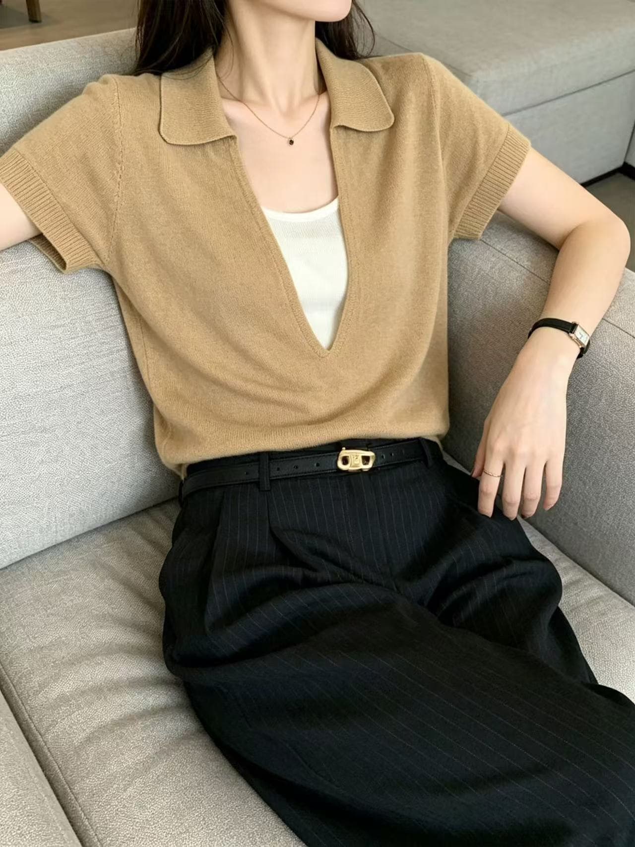오래된 돈 바람 페이크 레이어드 POLO 칼라 니트 반팔 티셔츠 여성 여름 슬림해 보이는 루즈핏 고유 한 긍정적 인 어깨 아마 맨위 상세 이미지 2
