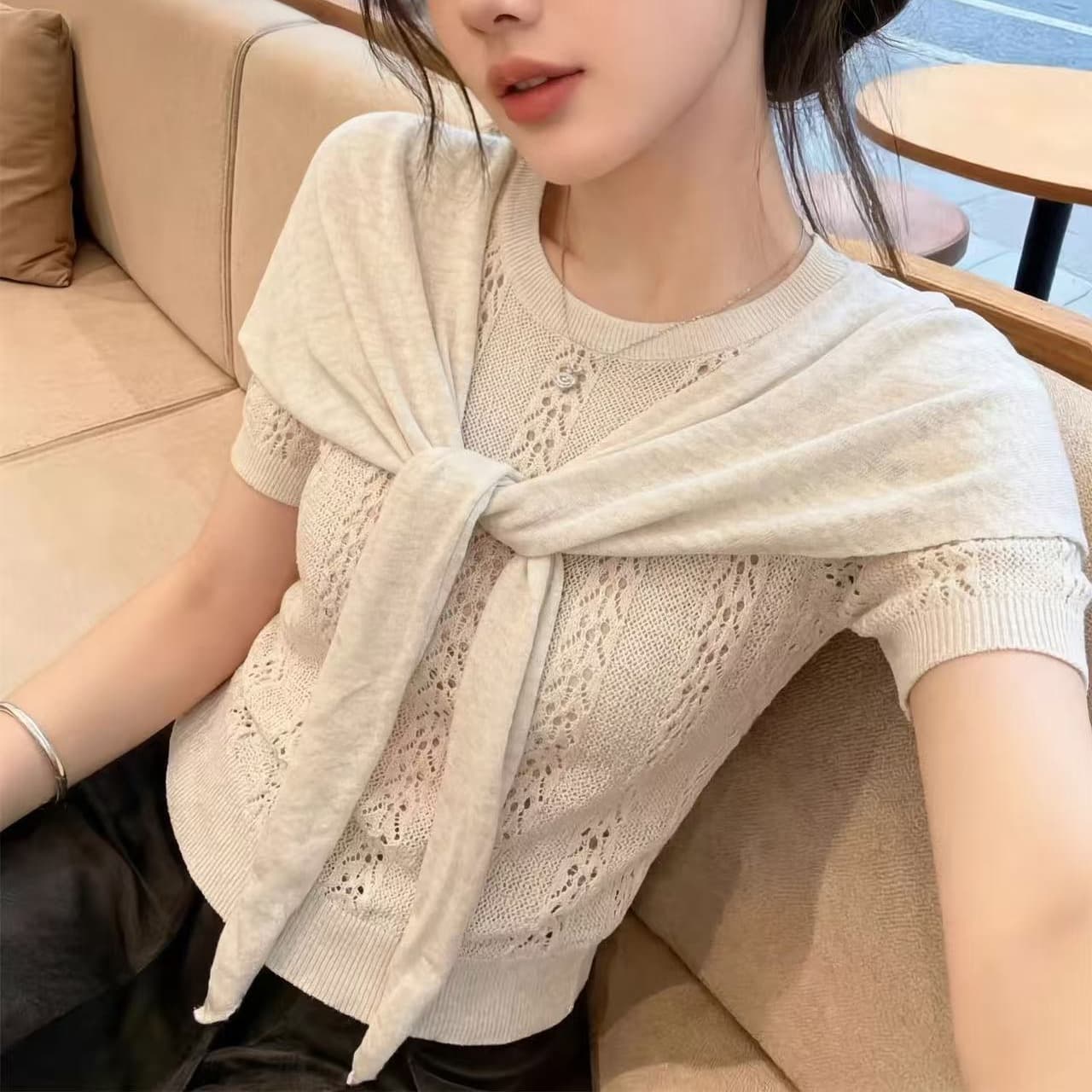 오래된 돈 바람 숄 외부 가져 가라. 홀로우 아웃 니트 스웨터 여성 여름 고급 센스 프랑스식 맨위 고유 한 아름다운 반팔 티셔츠 이미지 5