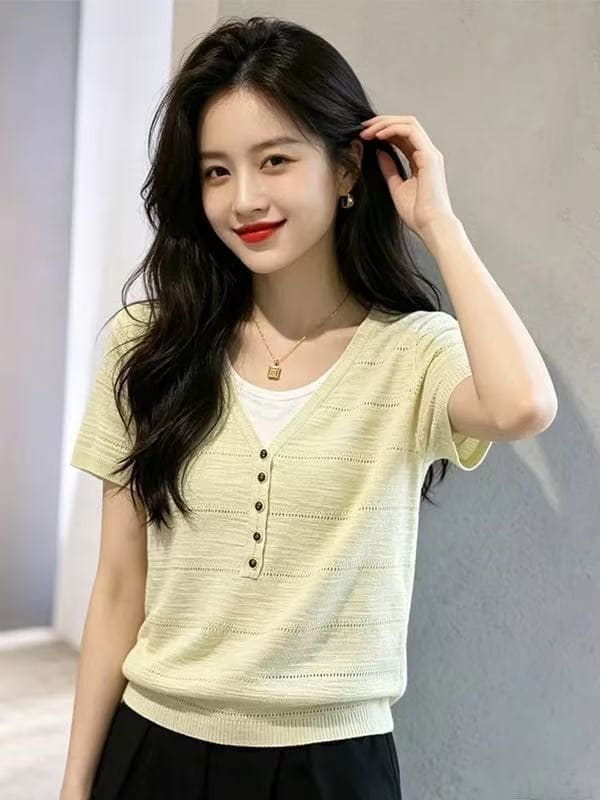 한국 스타일 느긋한 센스 페이크 레이어드 반팔 니트 스웨터 여성 여름 루즈핏 슬림해 보이는 연령 감소 패션 다용도 맨위 여성 트렌디 이미지 3