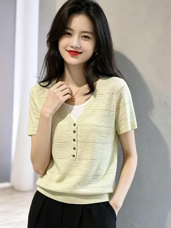 한국 스타일 느긋한 센스 페이크 레이어드 반팔 니트 스웨터 여성 여름 루즈핏 슬림해 보이는 연령 감소 패션 다용도 맨위 여성 트렌디 상세 이미지 1