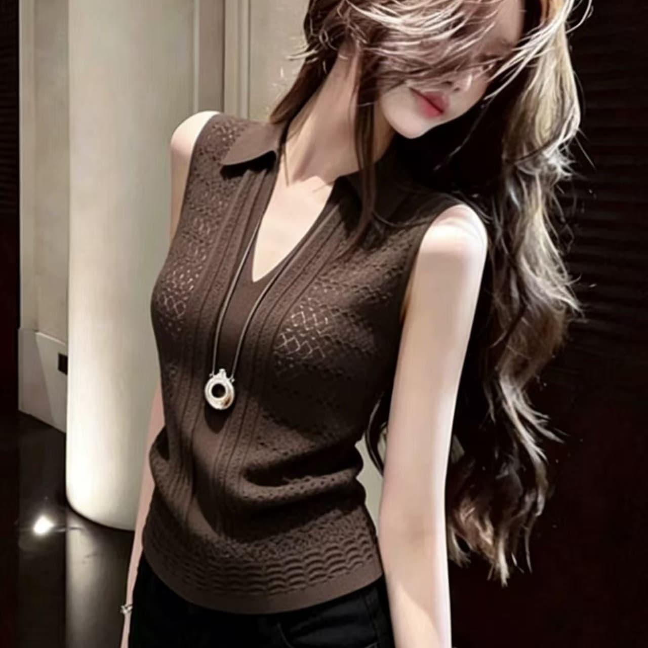 고급 센스 우아함 바람 커피 색상 POLO 칼라 민소매 니트 조끼 여성 여름 새로운 미니멀리즘 다용도 몸매 가꾸기 맨위 이미지 5