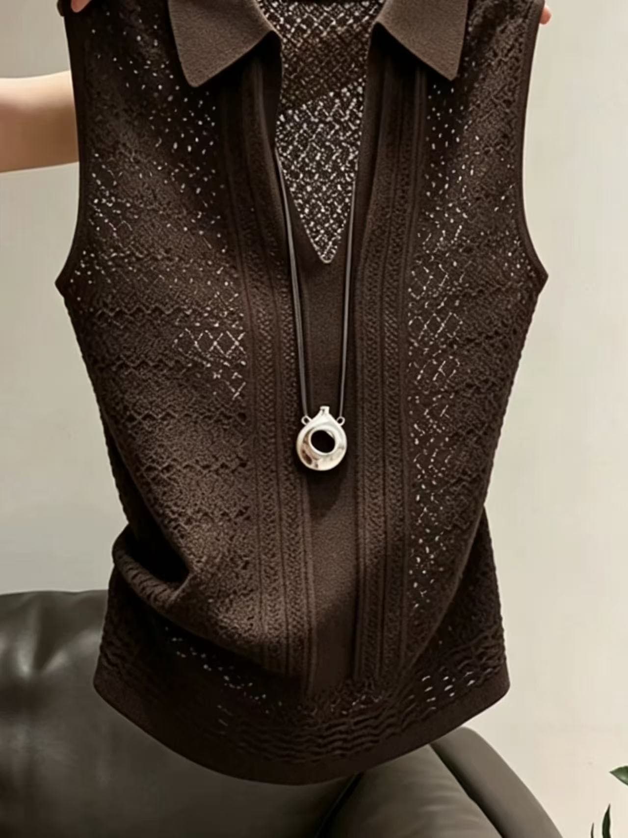 고급 센스 커피 색상 POLO 칼라 민소매 조끼 여성 여름 새로운 작은 대중 아니요 명중 섹션 다용도 몸매 가꾸기 슬림해 보이는 맨위 상세 이미지 3