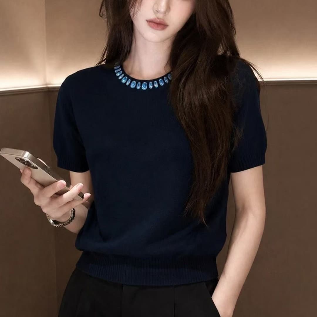 디자인 센스 출퇴근 다용도 패션 품격 다이아몬드 세팅 풀오버 니트 스웨터 여름 새로운 작은 대중 Chic 반팔 맨위 이미지 5
