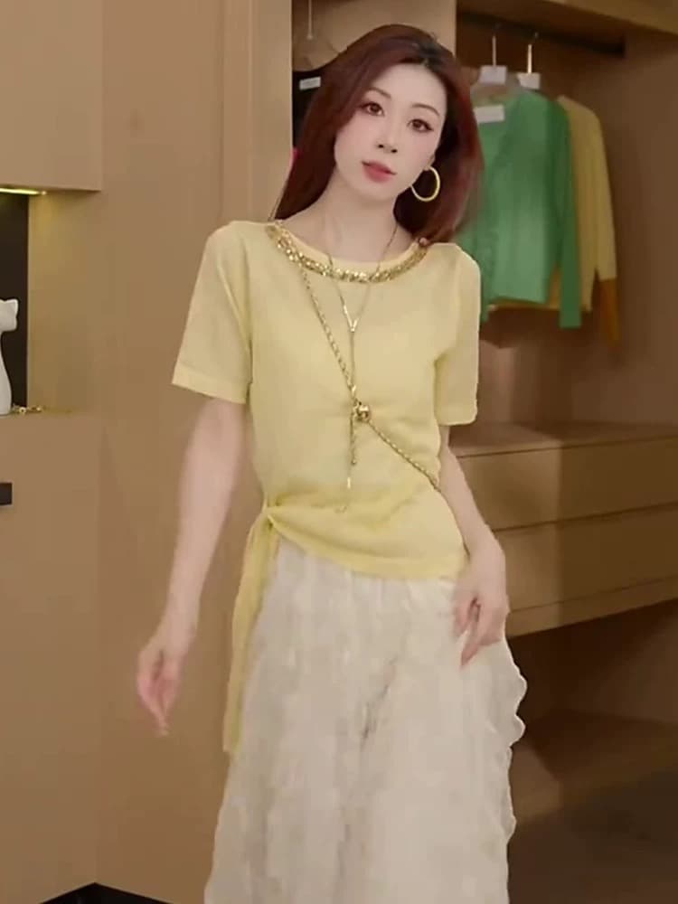 달콤함 황색 무거운 작업 비즈 박기 레이스업 반팔 티셔츠 여성 26 여름 새로운 디자인 센스 작은 대중 아니요 명중 섹션 맨위