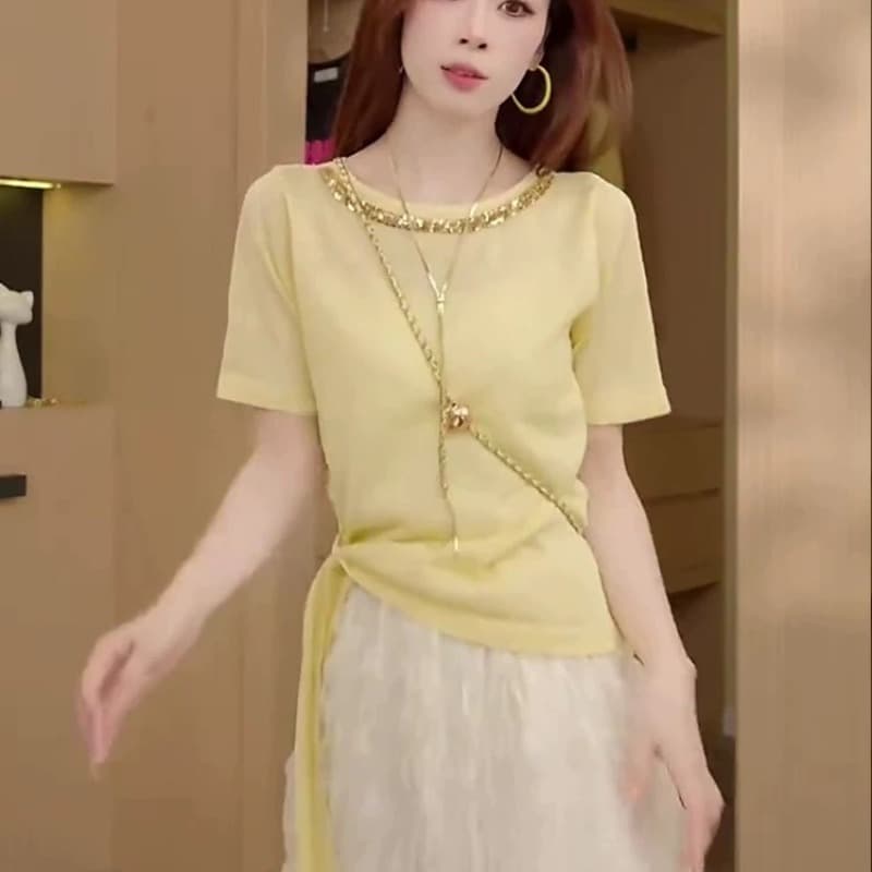 달콤함 황색 무거운 작업 비즈 박기 레이스업 반팔 티셔츠 여성 26 여름 새로운 디자인 센스 작은 대중 아니요 명중 섹션 맨위 이미지 5