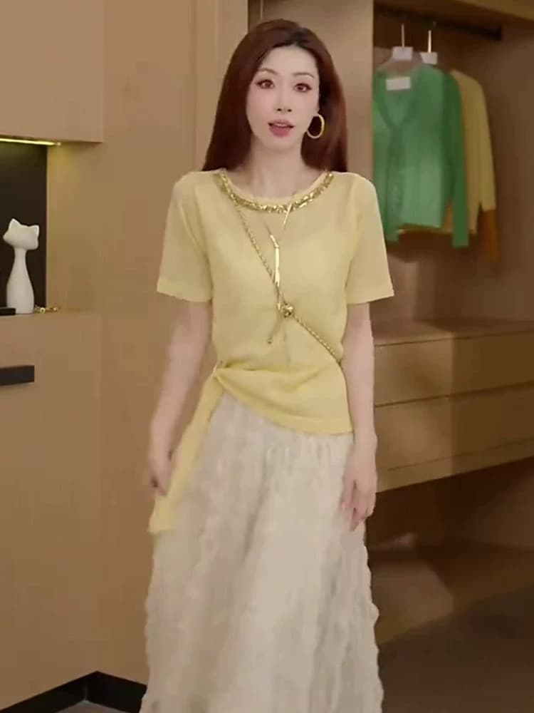 달콤함 황색 무거운 작업 비즈 박기 레이스업 반팔 티셔츠 여성 26 여름 새로운 디자인 센스 작은 대중 아니요 명중 섹션 맨위 상세 이미지 3