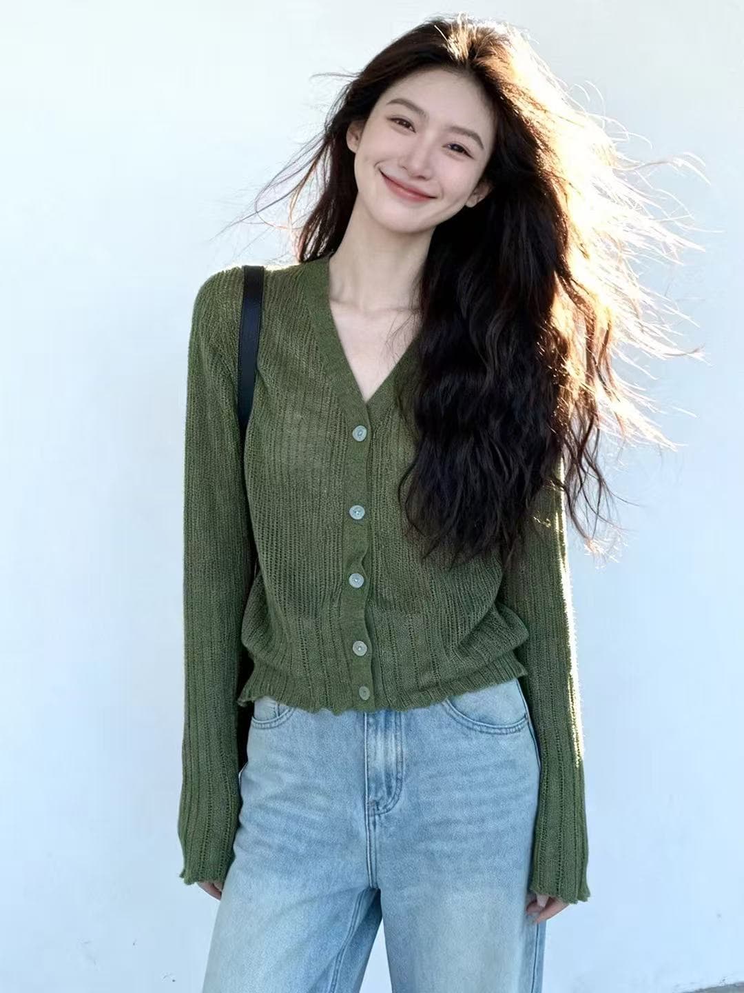 2026 여름 새로운 레트로 녹색 홀로우 아웃 니트 오픈 가디건 여성 디자인 센스 작은 대중 루즈핏 슬림해 보이는 다용도 맨위 상세 이미지 4