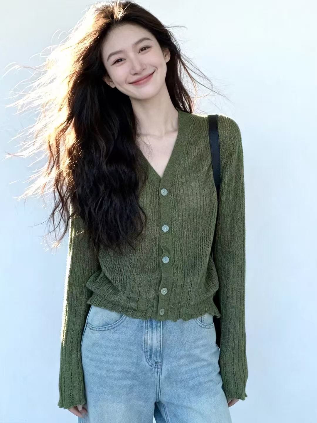 2026 여름 새로운 레트로 녹색 홀로우 아웃 니트 오픈 가디건 여성 디자인 센스 작은 대중 루즈핏 슬림해 보이는 다용도 맨위 상세 이미지 5
