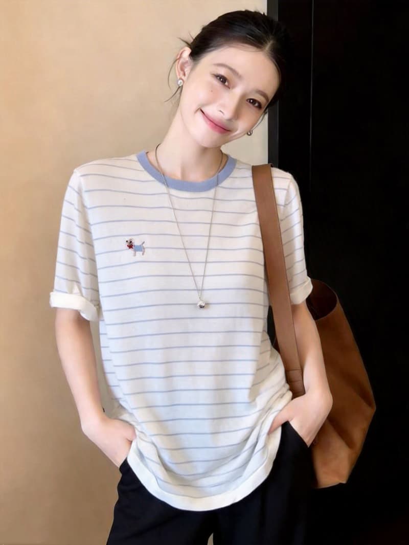 신선함 외국 가스 스트라이프 강아지 자수 라운드 넥 반팔 티셔츠 여성 루즈핏 편안함 얼음 실크 니트 스웨터 2026 여름 이미지 4