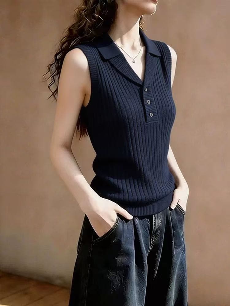 한 부서 숙련 된 해군 구덩이 기사 니트 작은 셔츠 2026 여름 새로운 POLO 칼라 패션 익스트림 제인 바람 민소매 조끼 상세 이미지 2