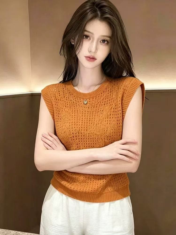 주황색 패션 홀로우 아웃 디자인 센스 민소매 니트 스웨터 여성 2026 여름 새로운 우아함 바람 슬림해 보이는 다용도 맨위 이미지 4