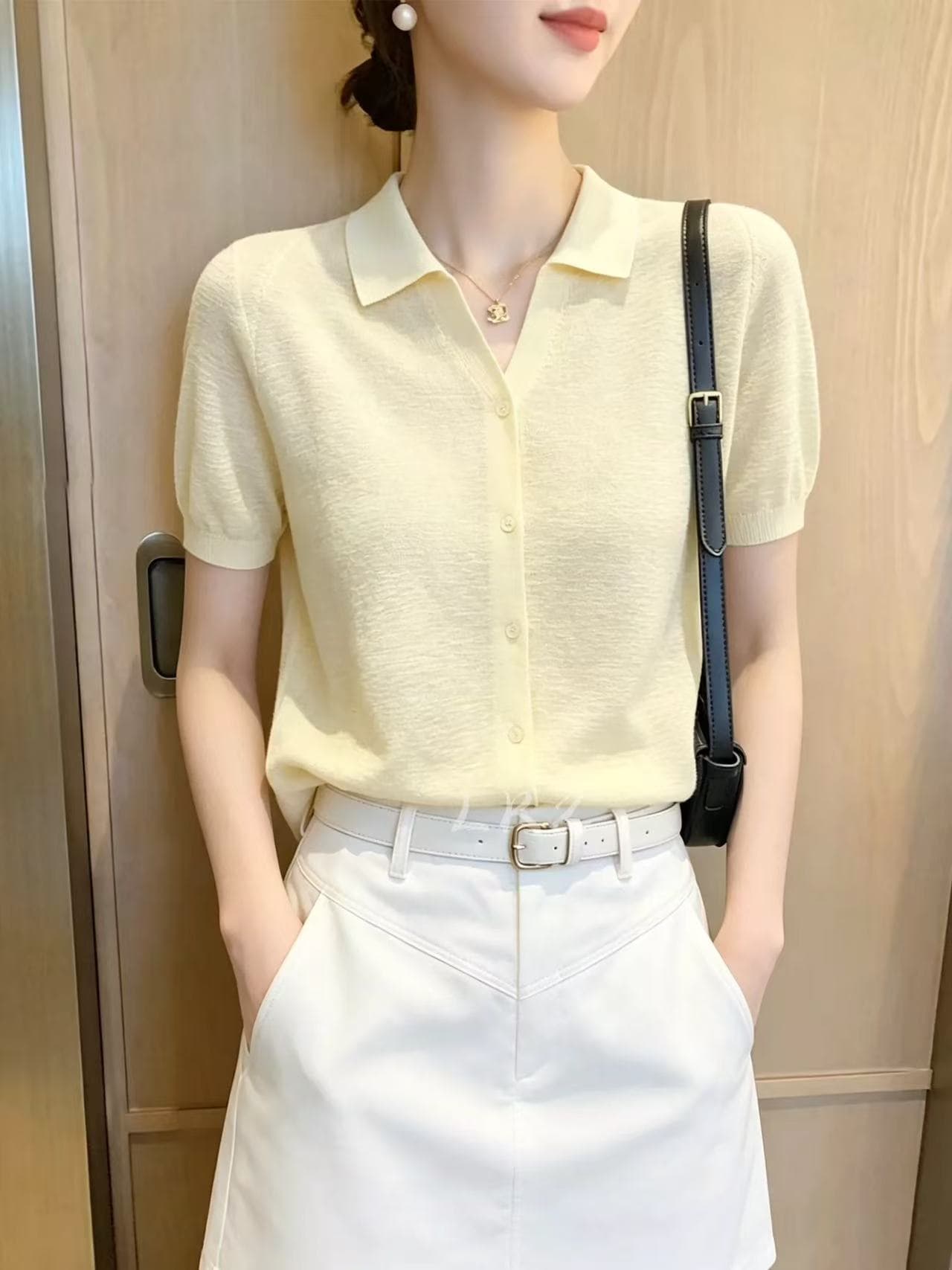 프랑스식 고급 센스 polo 폴로 칼라 반팔 v 종류 문 襟 싱글 줄 버튼 밝은 노란색 여성 셔츠 품격 슬림해 보이는 맨위