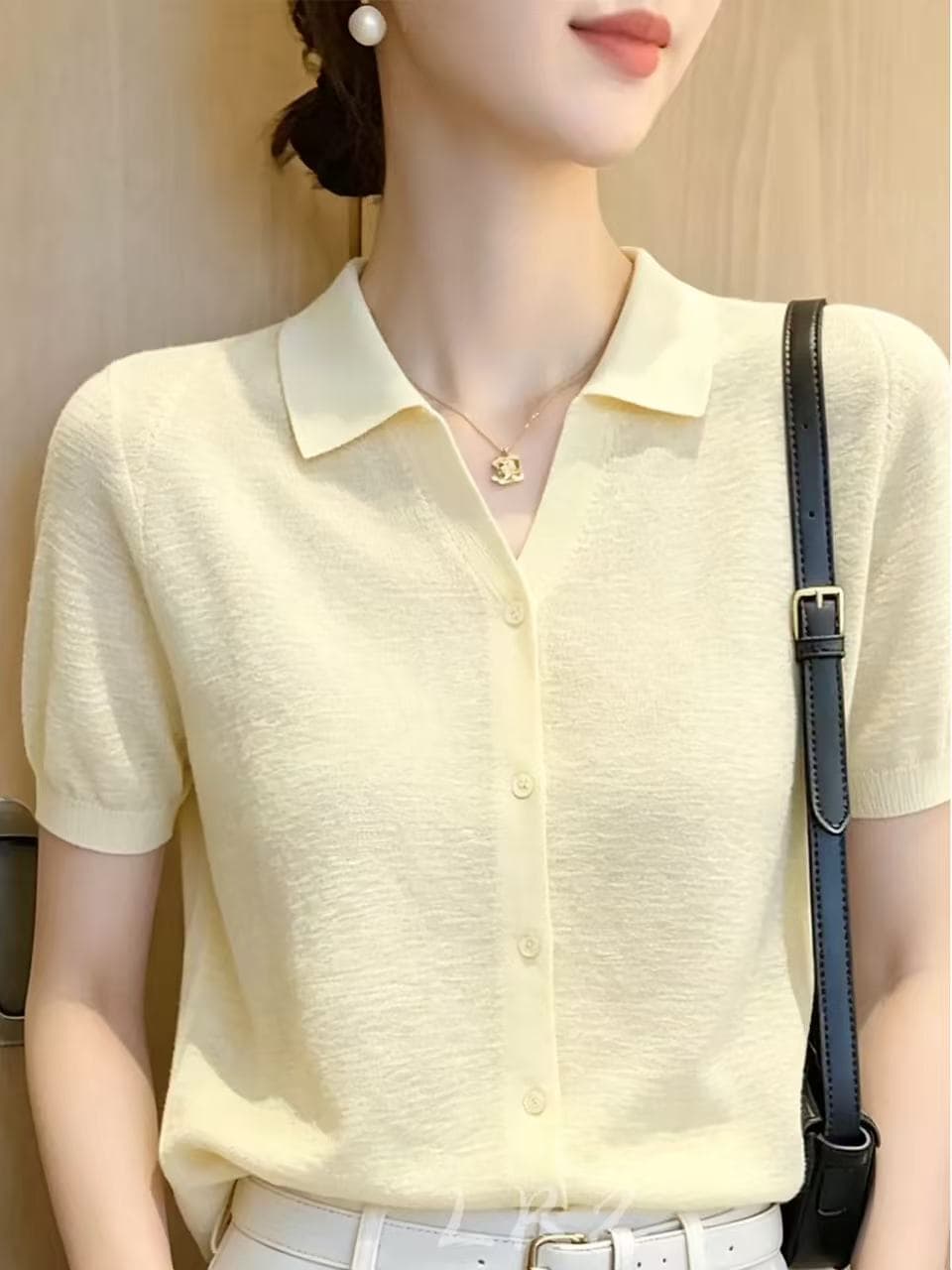 프랑스식 고급 센스 polo 폴로 칼라 반팔 v 종류 문 襟 싱글 줄 버튼 밝은 노란색 여성 셔츠 품격 슬림해 보이는 맨위 이미지 2