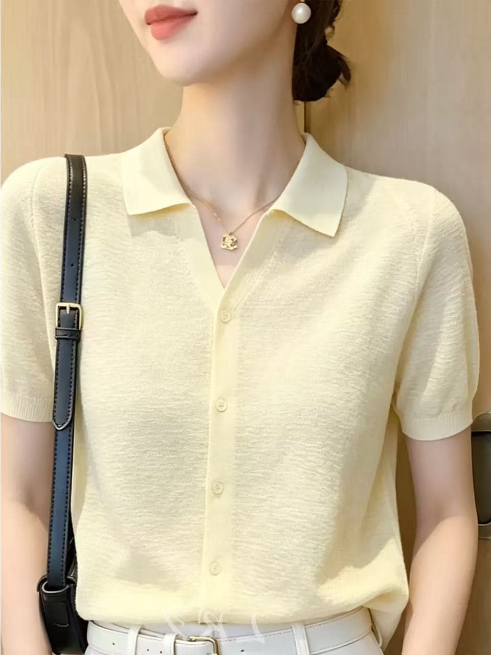 프랑스식 고급 센스 polo 폴로 칼라 반팔 v 종류 문 襟 싱글 줄 버튼 밝은 노란색 여성 셔츠 품격 슬림해 보이는 맨위 상세 이미지 5