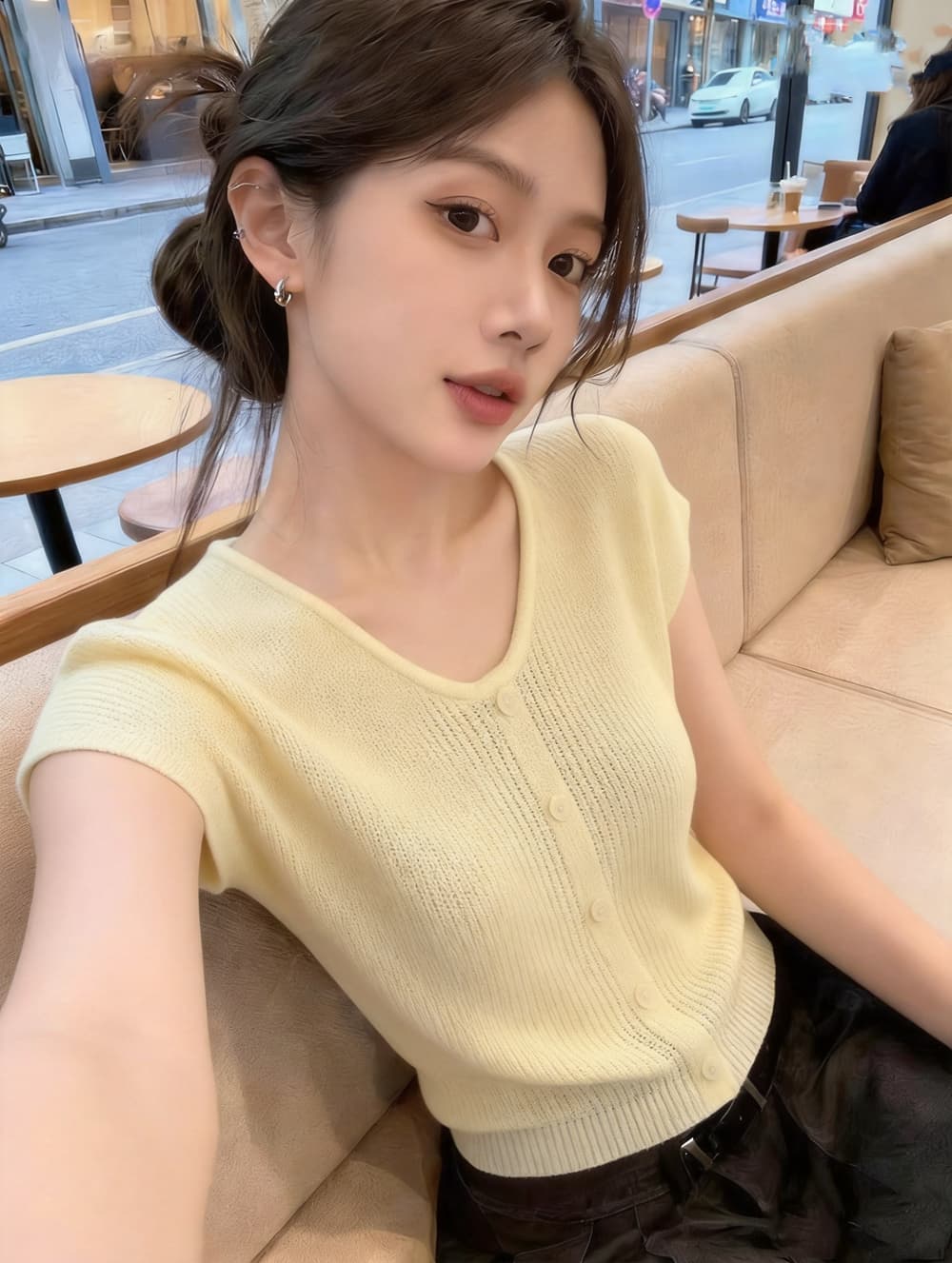 고급 센스 슈퍼 잘 생긴 우유 황색 반팔 티셔츠 여성 여름 새로운 외국 가스 디스플레이 화이트 질감 센스 라운드 넥 니트 스웨터 상세 이미지 3
