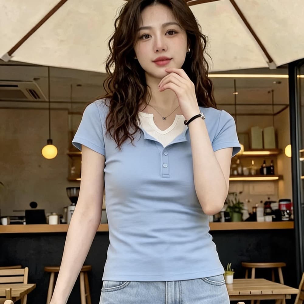 프랑스식 페이크 레이어드 얇은 스타일 니트 스웨터 티셔츠 여성 의류 여름 새로운 얼음 실크 반팔 핑크색 루즈핏 슬림해 보이는 맨위 이미지 4