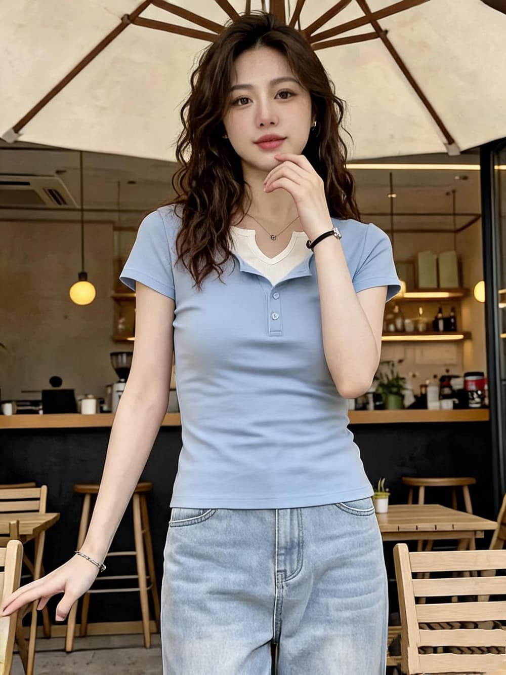 프랑스식 페이크 레이어드 얇은 스타일 니트 스웨터 티셔츠 여성 의류 여름 새로운 얼음 실크 반팔 핑크색 루즈핏 슬림해 보이는 맨위 상세 이미지 5