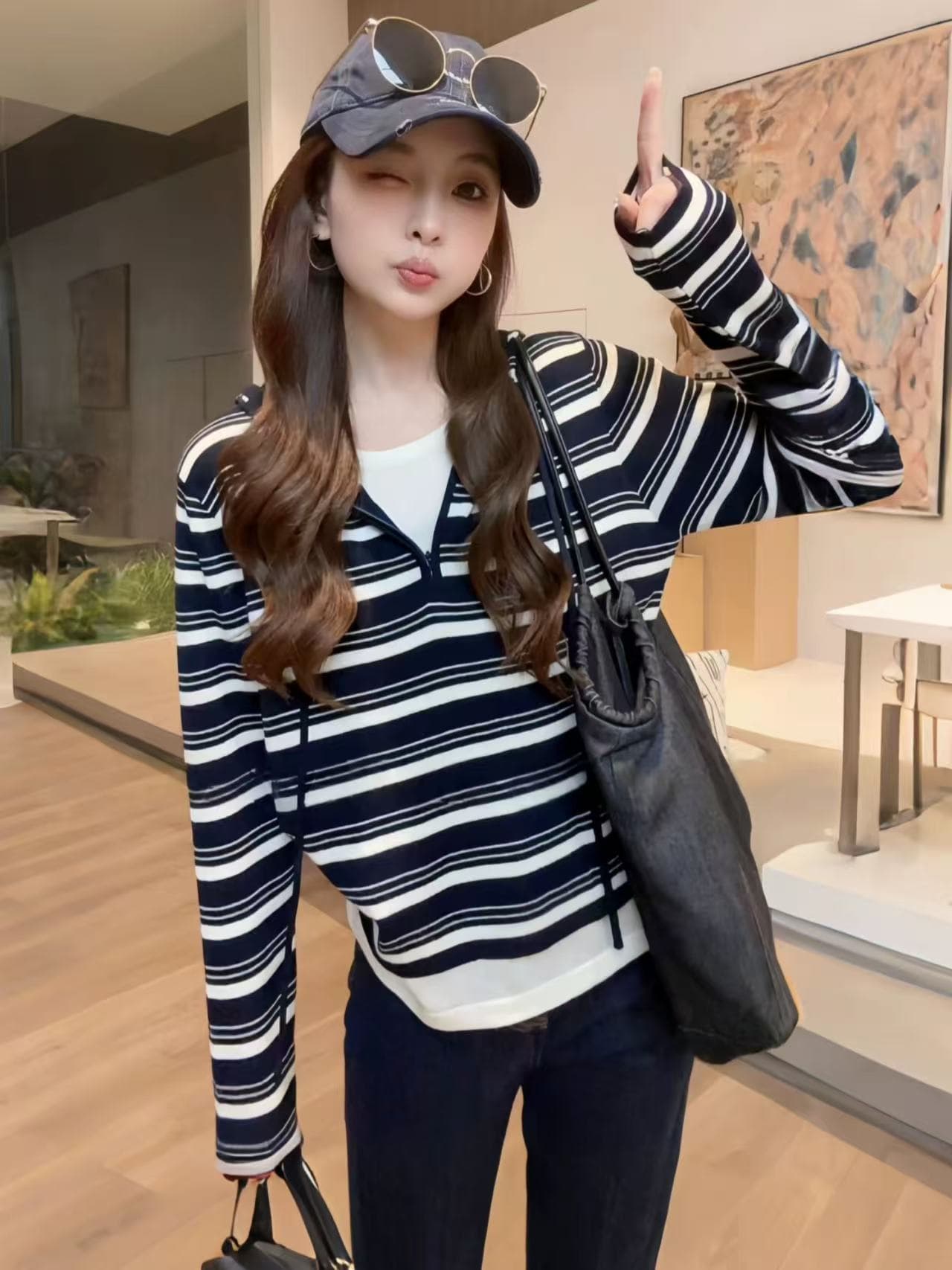 한국 스타일 스트라이프 후드 페이크 레이어드 니트 스웨터 여성 가을 연령 감소 슬림해 보이는 인사이드 가져 가라. 만나는 모자 셔츠 풀오버 맨위 트렌디 상세 이미지 3