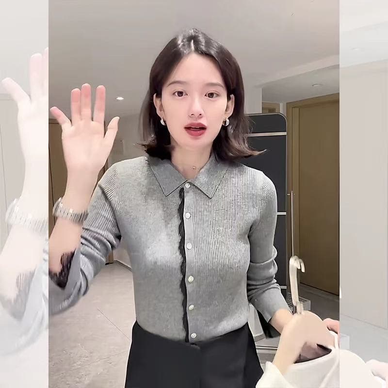 레이스 레이스 POLO 칼라 긴팔 니트 스웨터 여성 2026 이른 가을 새로운 디자인 센스 고유 한 오픈 가디건 외출용 맨위 이미지 2