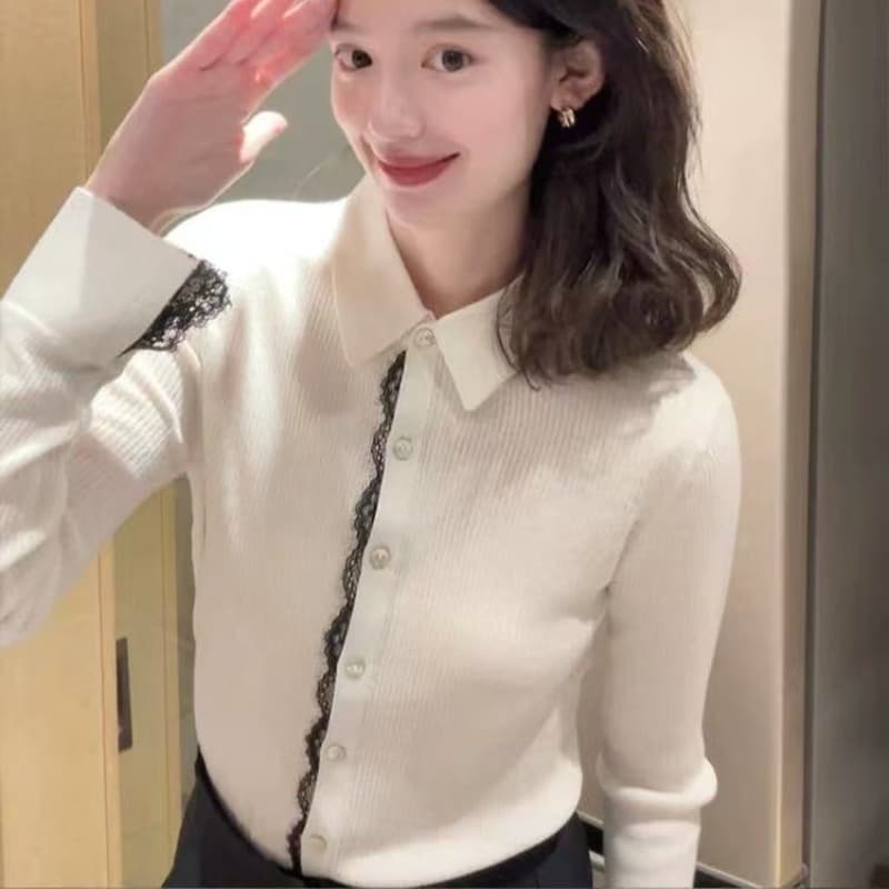 레이스 레이스 POLO 칼라 긴팔 니트 스웨터 여성 2026 이른 가을 새로운 디자인 센스 고유 한 오픈 가디건 외출용 맨위 이미지 5