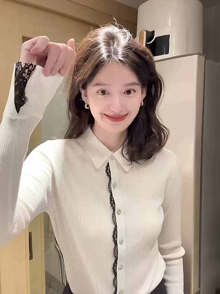 레이스 레이스 POLO 칼라 긴팔 니트 스웨터 여성 2026 이른 가을 새로운 디자인 센스 고유 한 오픈 가디건 외출용 맨위 상세 이미지 3