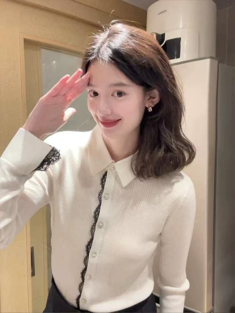 레이스 레이스 POLO 칼라 긴팔 니트 스웨터 여성 2026 이른 가을 새로운 디자인 센스 고유 한 오픈 가디건 외출용 맨위 상세 이미지 4
