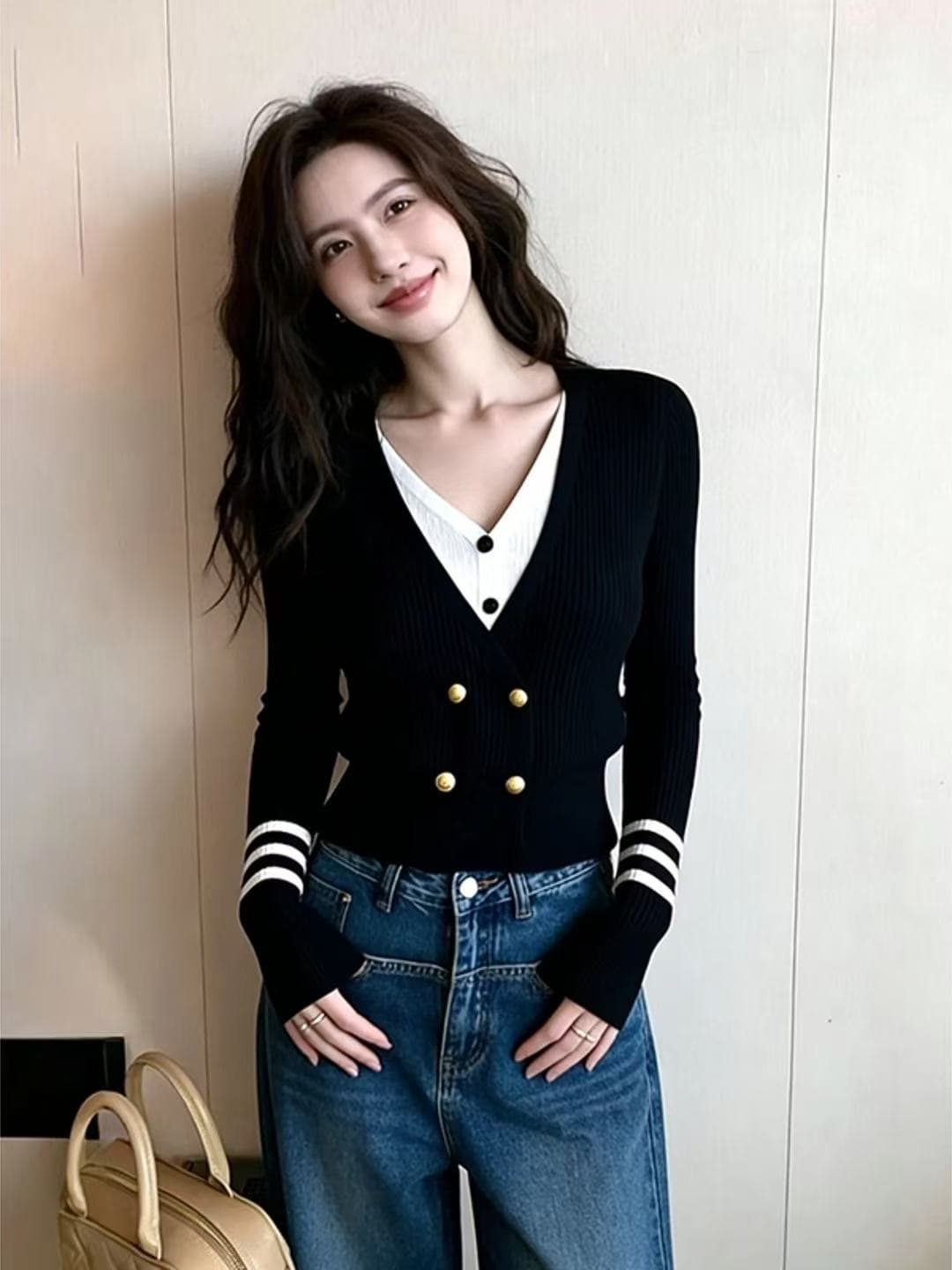 가을 겨울 한 부서 분위기 센스 착용 잡아라. 의류 고유 한 슈퍼 잘 생긴 몸매 가꾸기 슬림해 보이는 검정색 페이크 레이어드 니트 오픈 가디건 여성 상세 이미지 3