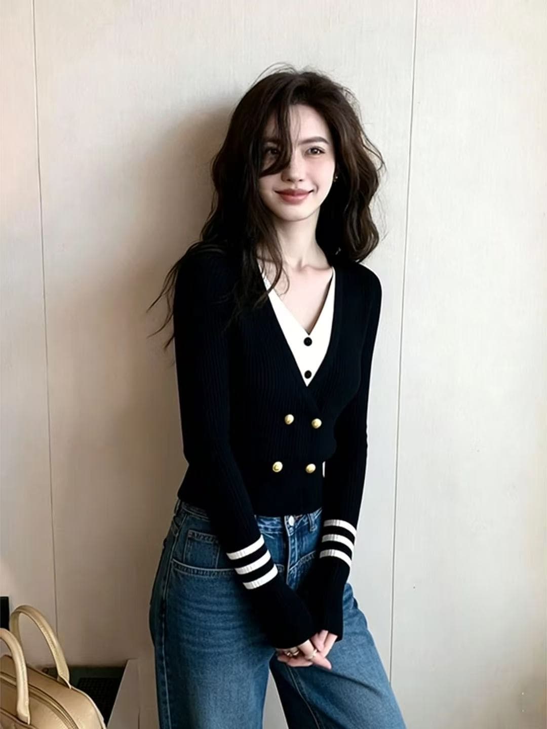 가을 겨울 한 부서 분위기 센스 착용 잡아라. 의류 고유 한 슈퍼 잘 생긴 몸매 가꾸기 슬림해 보이는 검정색 페이크 레이어드 니트 오픈 가디건 여성 상세 이미지 4